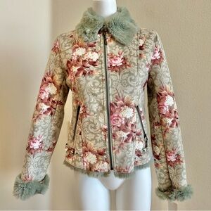DB Sport NWT Garden Floral Jacket Small Sage Green Faux Fur